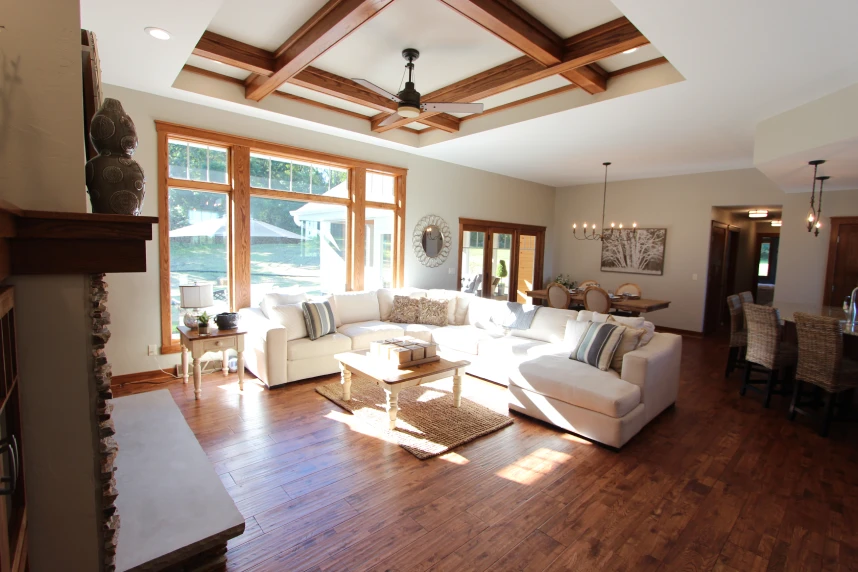 View of living room and dining room layout.
